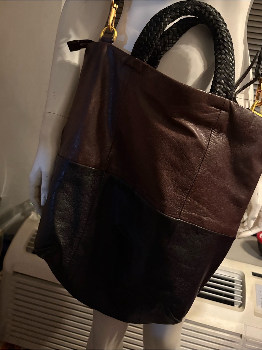 Two-Tone Brown and Black Leather Tote with Braided Handles